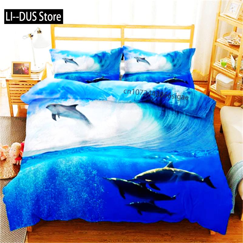 Hot Dolphin Bedding Sets Anime Sea HD Dolphin Bedspread For Teens Girls Fashion Twin Single Queen King Full Size Duvet Cover