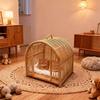 Handmade Rattan Cat Bed Small Dogs All Seasons Semi-Enclosed Cats Cage Kennel with Cushion Indoor Home Natural Woven Pet Bed
