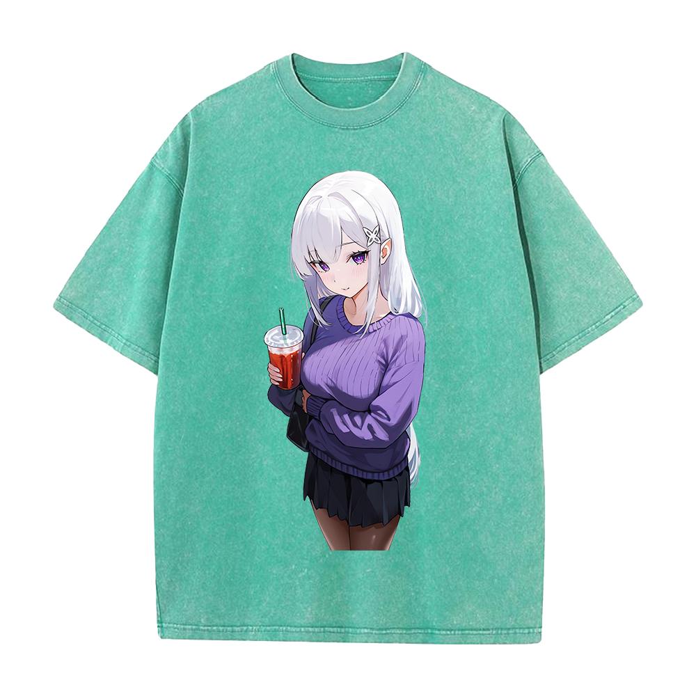 Anime Re ZERO Starting Life In Another World Emilia Clothing Men Women Tshirts Washed Cotton Tee Retro T-shirt Harajuku T Shirt