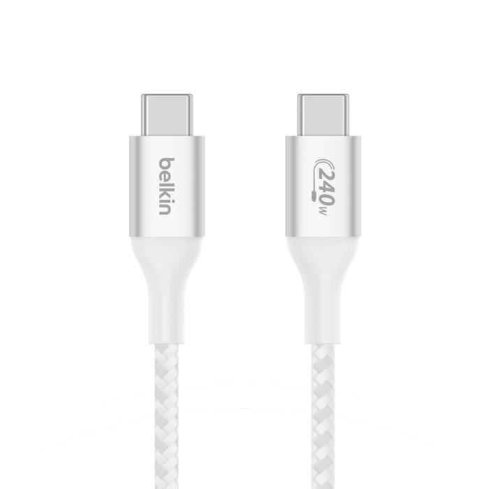 Câble USB-C vers USB-C 240W - Belkin - 2 m - Gaine tressée - Charge rapide - Blanc