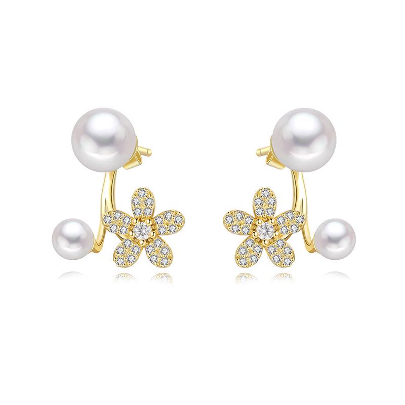 S925 Sterling Silver Freshwater Pearl Flower Stud Earrings for Women - Two-Way Wear 925 Sterling Silver