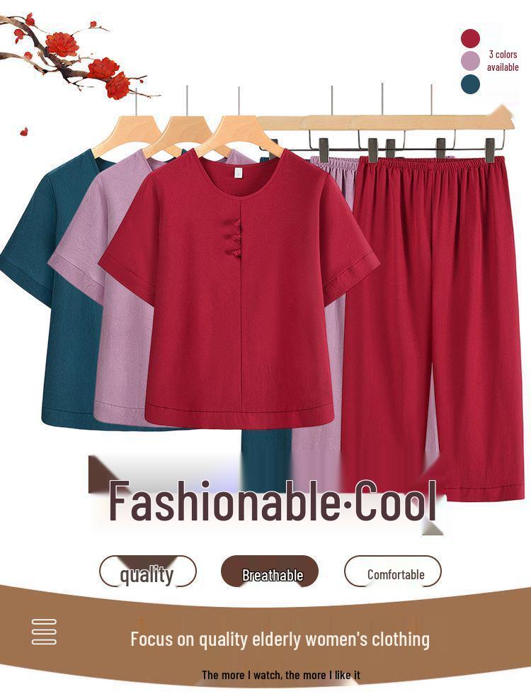 Mamas chinesisches Sommeroutfit: Kurzarm-Oberteil und Hose Set für Frauen mittleren Alters und ältere Frauen