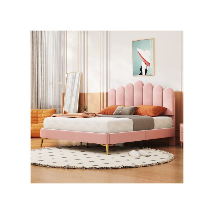 Lit double - MUVOE - 140 x 200 cm - Velours rose - Tête de lit réglable - 250 kg de charge