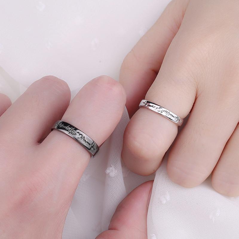 2Pcs/set Romantic Couple Rings For Women Men Punk Heart ECG Black White Forever Love Promise Wedding Ring Valentine'S Day Gift