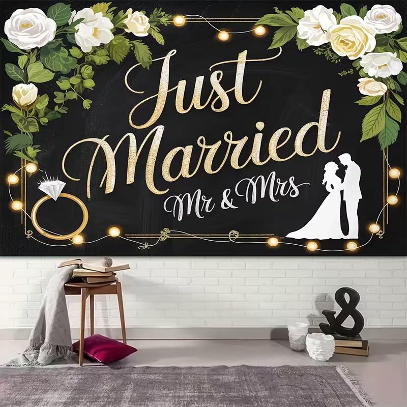 2D Floral Just Married Backdrop with Couple Silhouette Wedding Decor