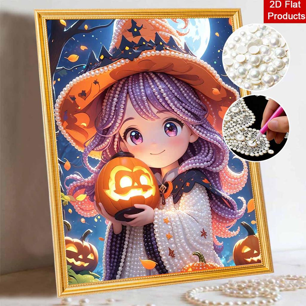 DIY Pearl Painting Canvas Witch Halloween Design Frameless 3D Bead Art Relaxing Craft for Living Room Decor