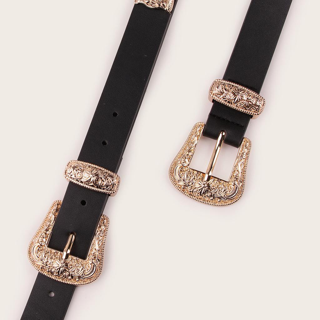 New Western Buckle Carved Double Buckle Belt Renaissance Retro Ins Women's Belt