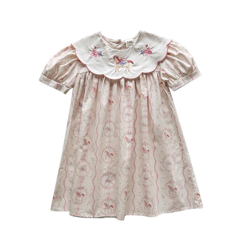 French Floral Kids' Dress 2026: Flower Collar & Little Horse Embroidery with Puff Sleeves