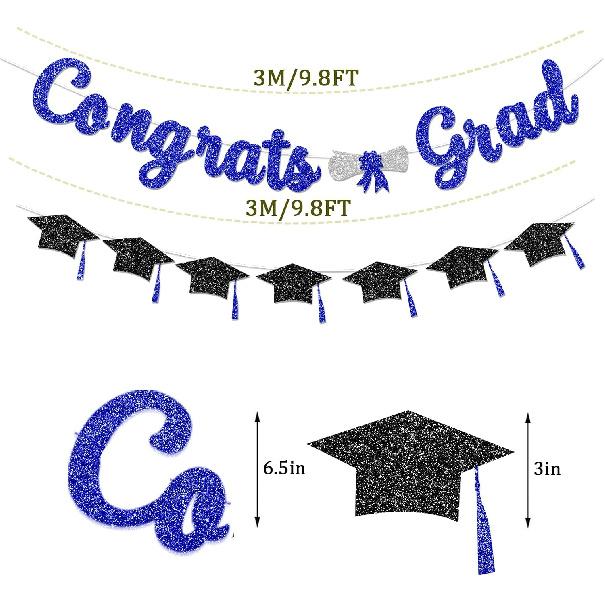 Congrats Grad Congratulations Decorations Banner Pre-Strung Glitter Blue Graduation Class of 2026 with Tassel Decor College High School Party Favors