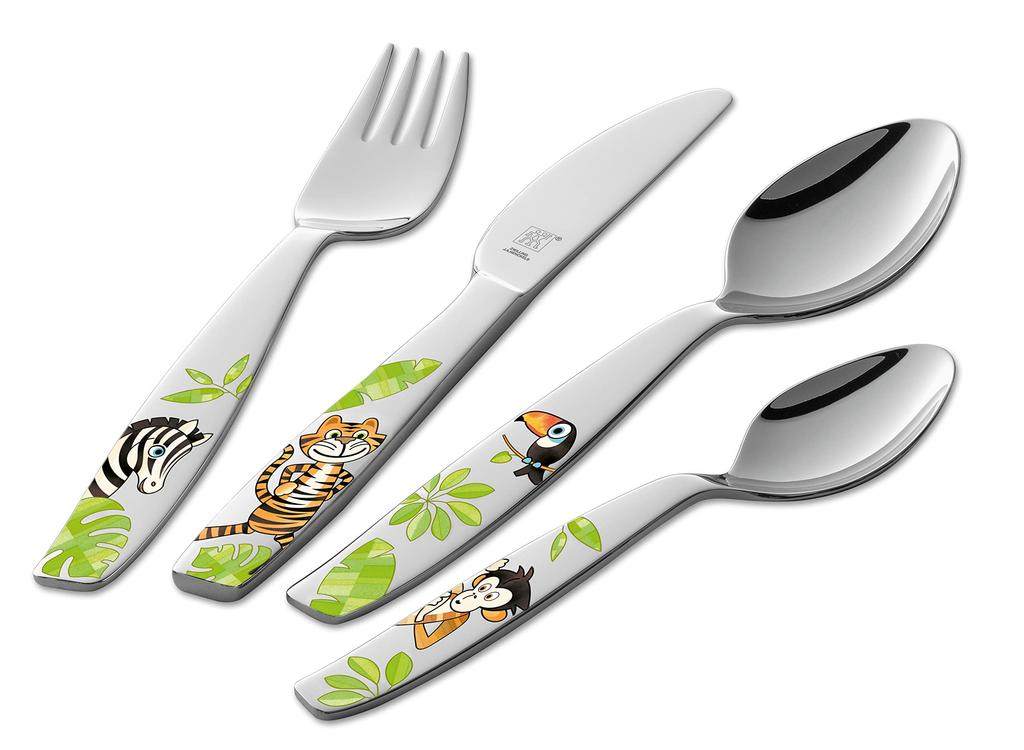 ZWILLING Children Tableware for and Dessert Spoon Japanese Jungle "Jungle Set" 4-Piece Set, Kids, Knife, Fork, Spoon, (Official Product) Z1026-662