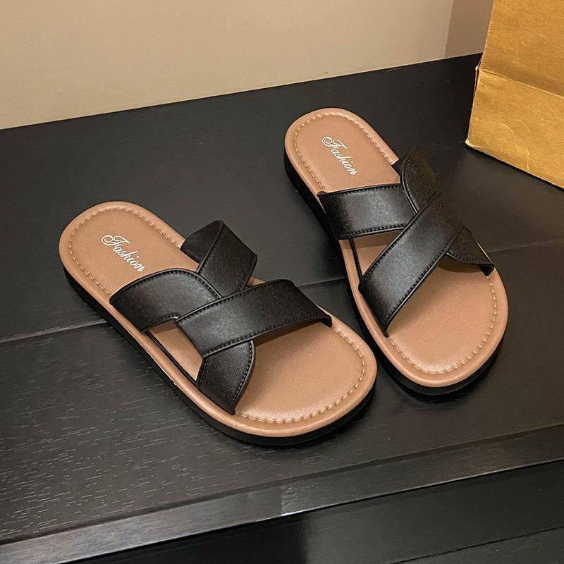 Retro style casual flat-bottomed slippers women's beach non-slip sandals women's summer wear new cross-strapped slippers