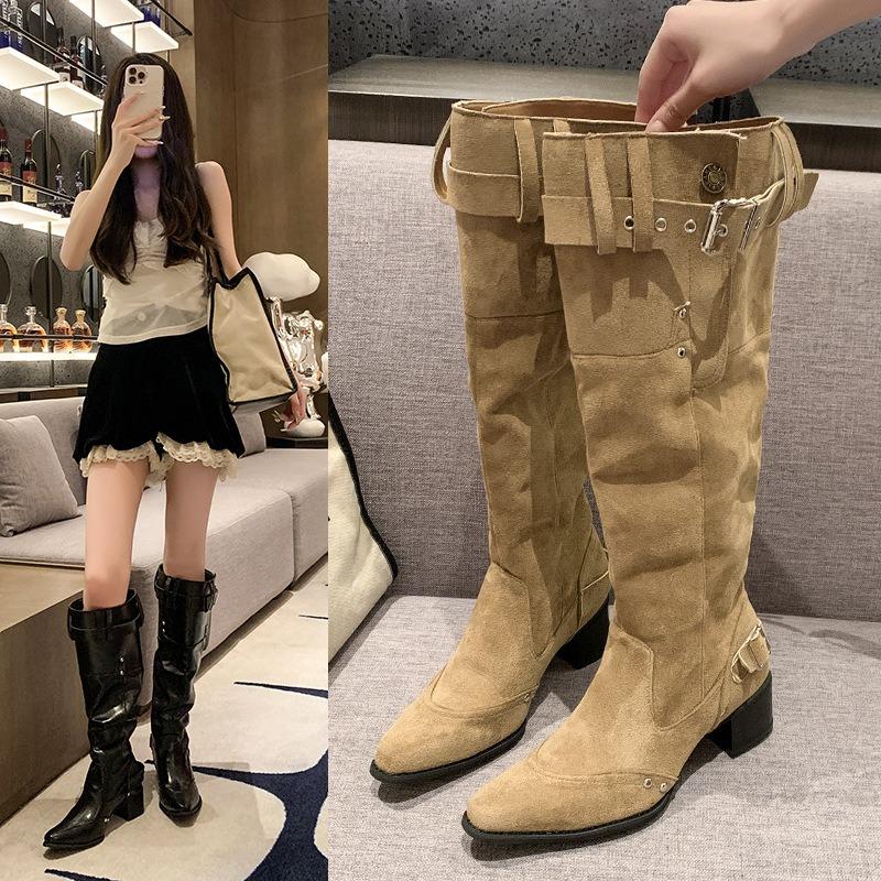 Big Tube Circumference Boots Women's Spring and Summer New Hot Girls But Knee Boots Pointed Thick Heel Black Pile Boots Women