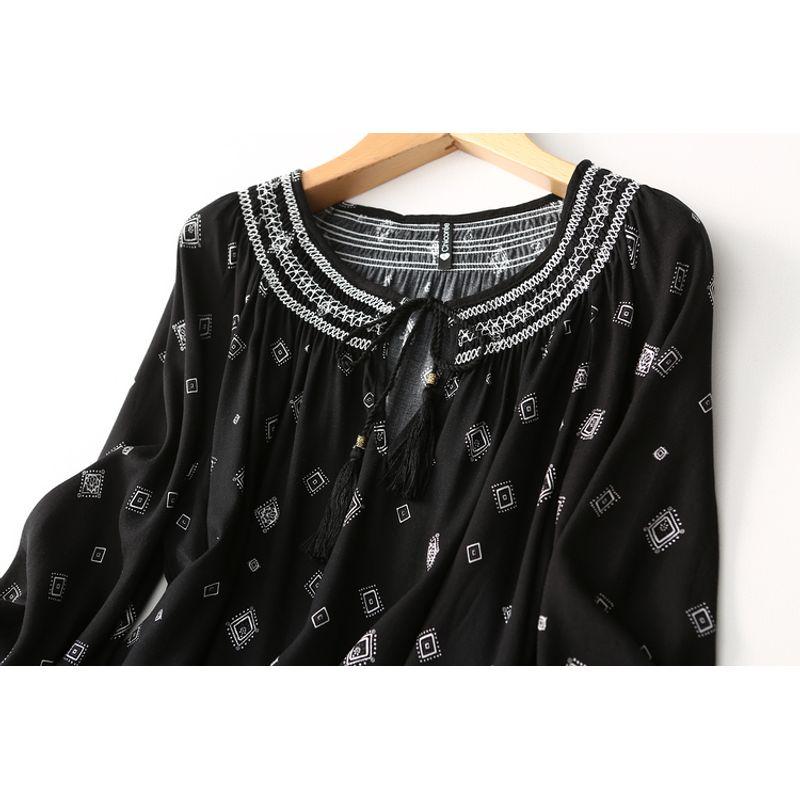 Foreign Trade Original Order Ethnic Style Embroidery Tassel Shoelace Loose Cotton Silk Shirt Women's Artificial Cotton Tops Doll Shirt