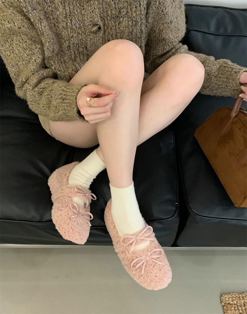 2025 winter height increase of 4cm single shoes warm and plush round bow fluffy shoes