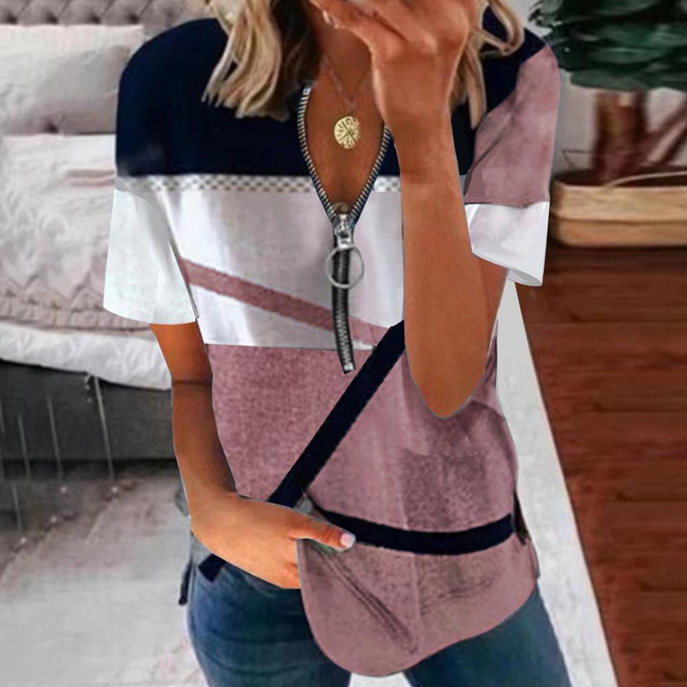 Fashion Women's T-shirt Summer New Style Women's Zipper Printing Loose Soft Short-sleeved Top