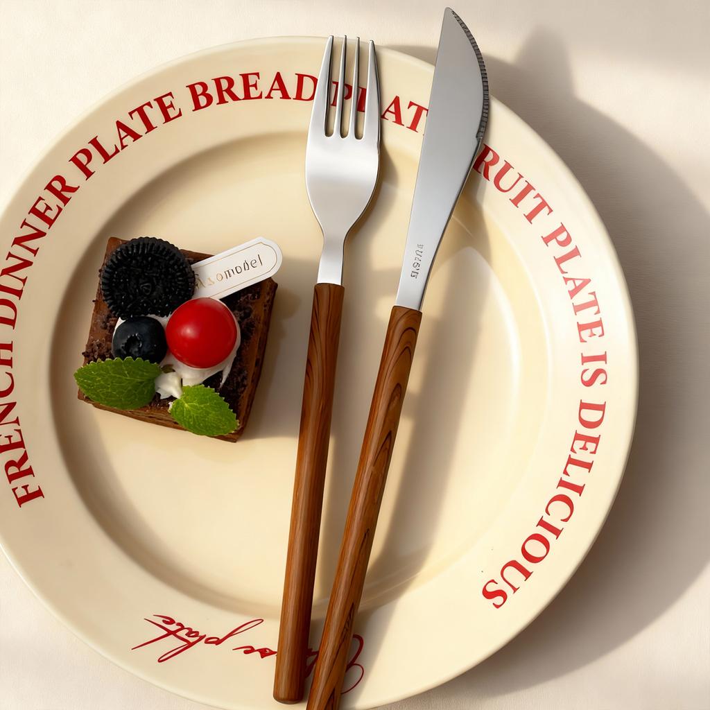 304 Stainless Steel Tableware Set Wood Grain Plastic Handle Knife Fork Spoon Reusable Camping Picnic Cutlery Set Dishwasher Safe