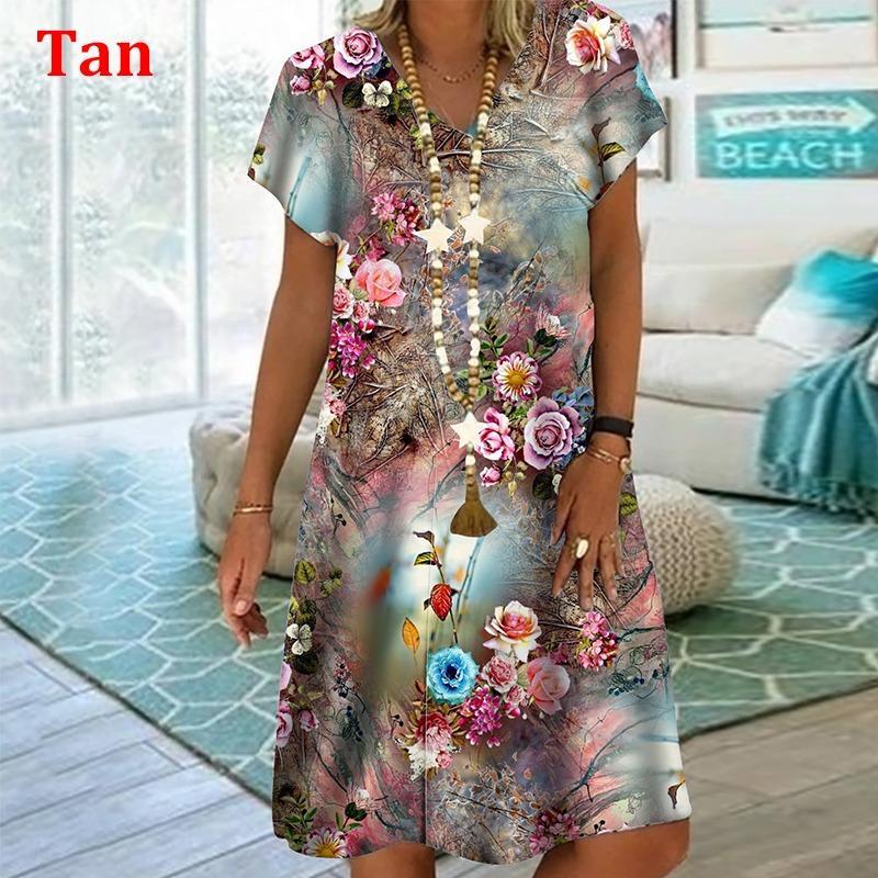 Plant Flowers Colorful 3D Printing Dress For Summer 2022 Women Vintage Short Sleeve Loose Dress Casual V-Neck