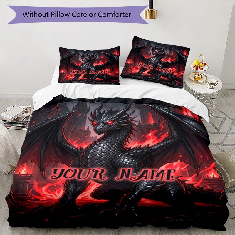 3PC Custom Name Dark Dragon Fantasy Art Bedding Set Duvet Cover Closure Includes 1 Duvet Cover & 2 Pillowcases for Bedroom