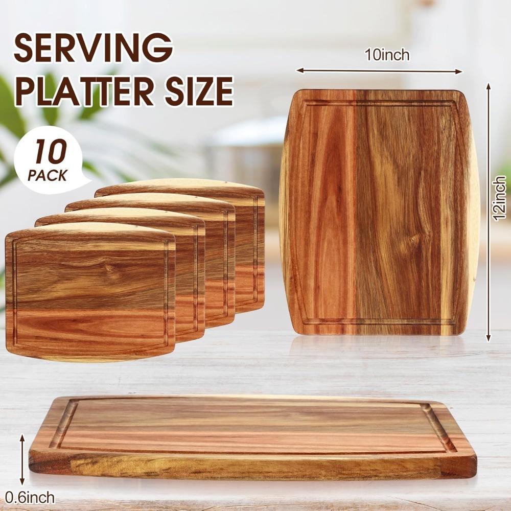10 Pack Acacia Wood Cutting Boards for Laser Engraving, Wooden Dinner Plates with Groove, Chopping and Charcuterie Boards