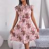 Elegantes Damen-Sommerkleid in Unifarbe mit Hoher Taille, Plissee-Detail und Großem Schleifenkragen, Schnürung, Mode, Frühling