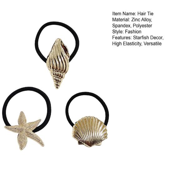 3Pcs Women Hair Ties Elastic Hair Bands with Metal Conch Shell Starfish Decoration Soft