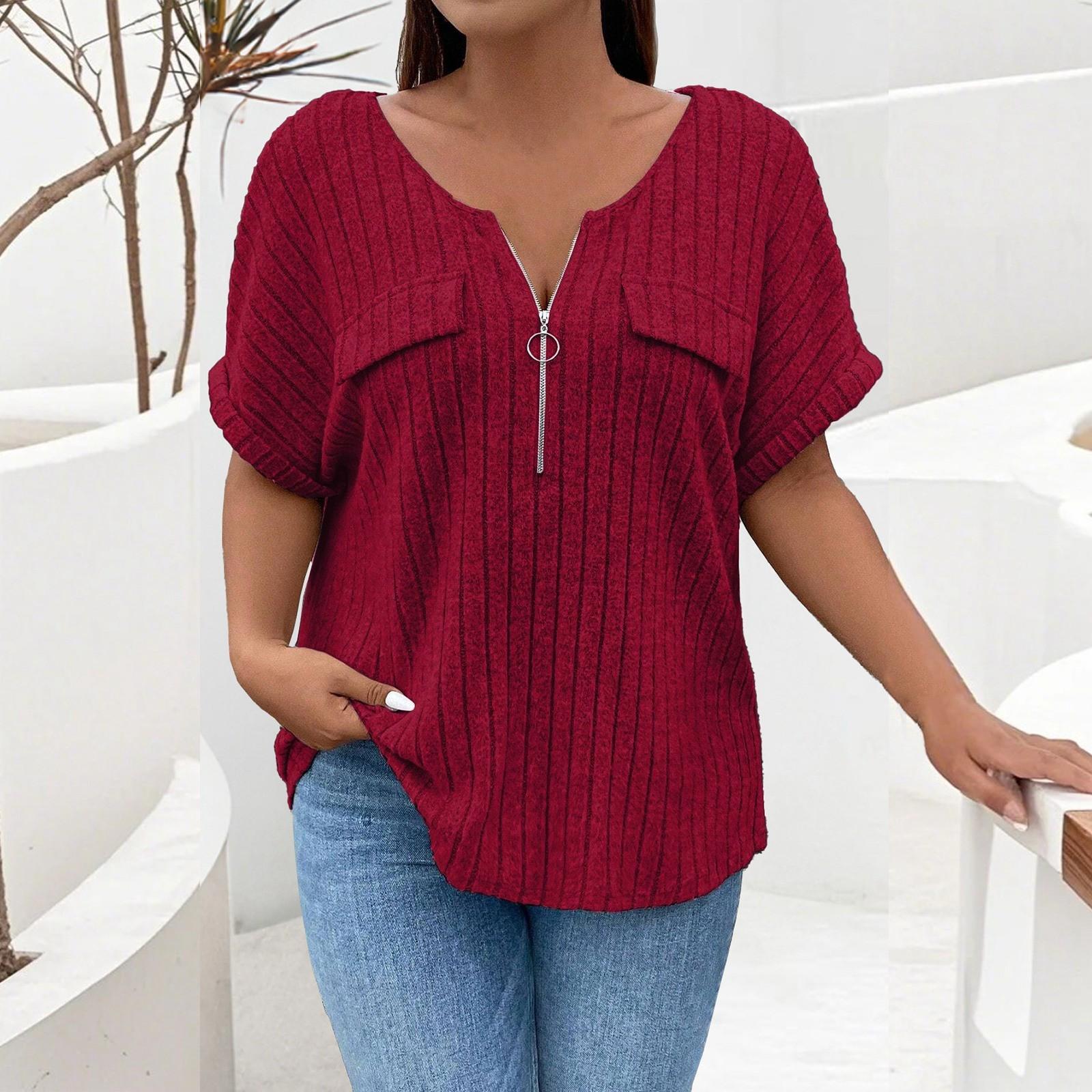 

Женская свободная однотонная футболка большого размера с коротким рукавом и ложным карманом XL винный