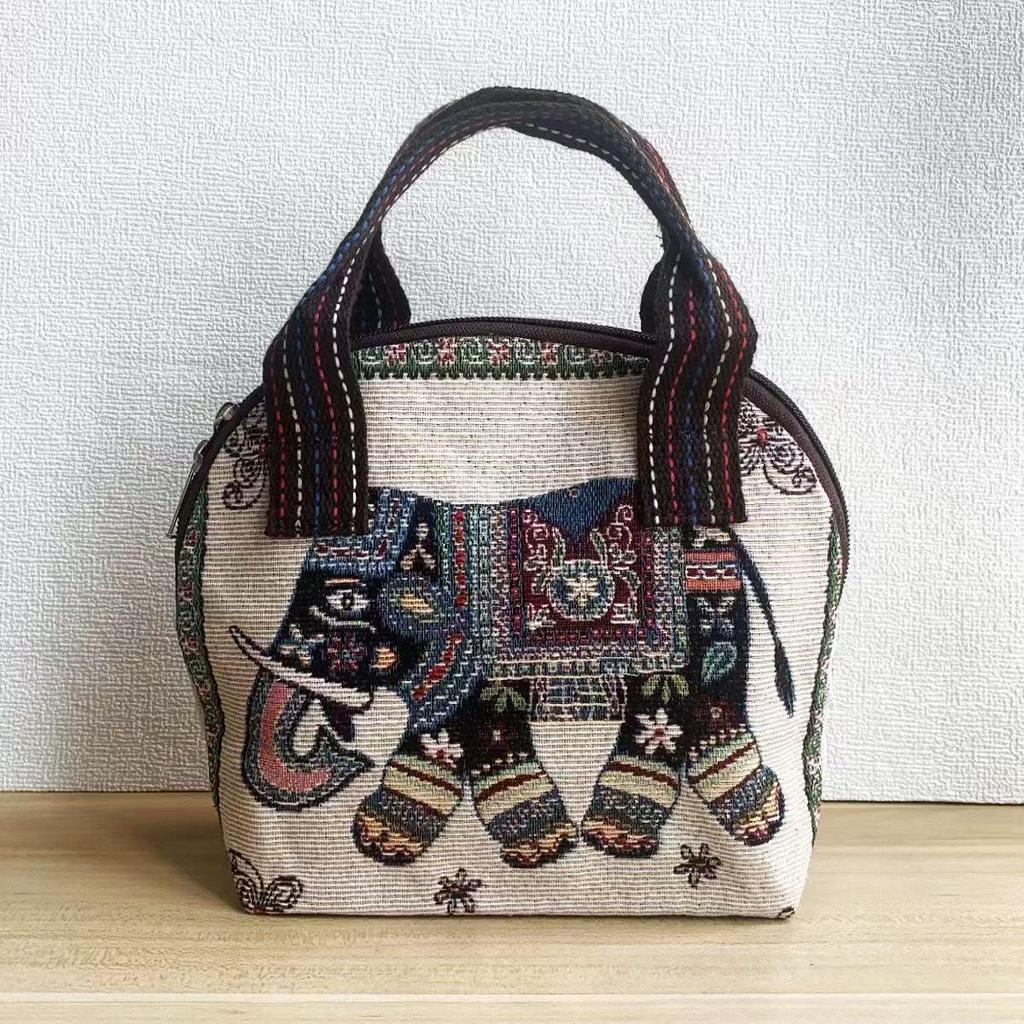 Embroidered Ethnic Canvas Handbag for Women: Shell-Shaped Purse with Jacquard Design