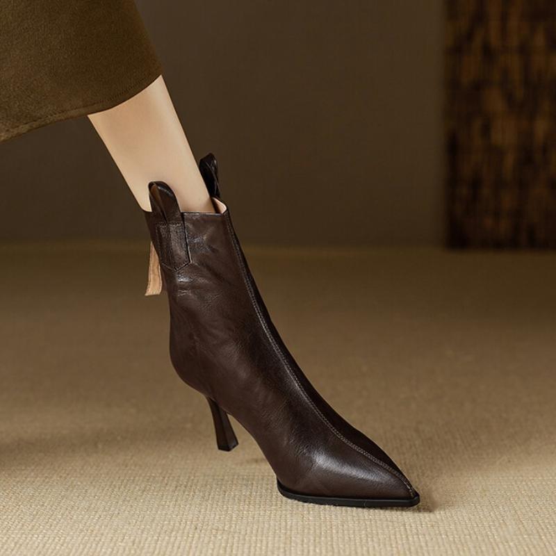 Fashion 2025 New Autumn Women Boots Genuine Leather Shoes for Women Pointed Toe Thin Heel Shoes Zip Short Boots Super High Heel Boots