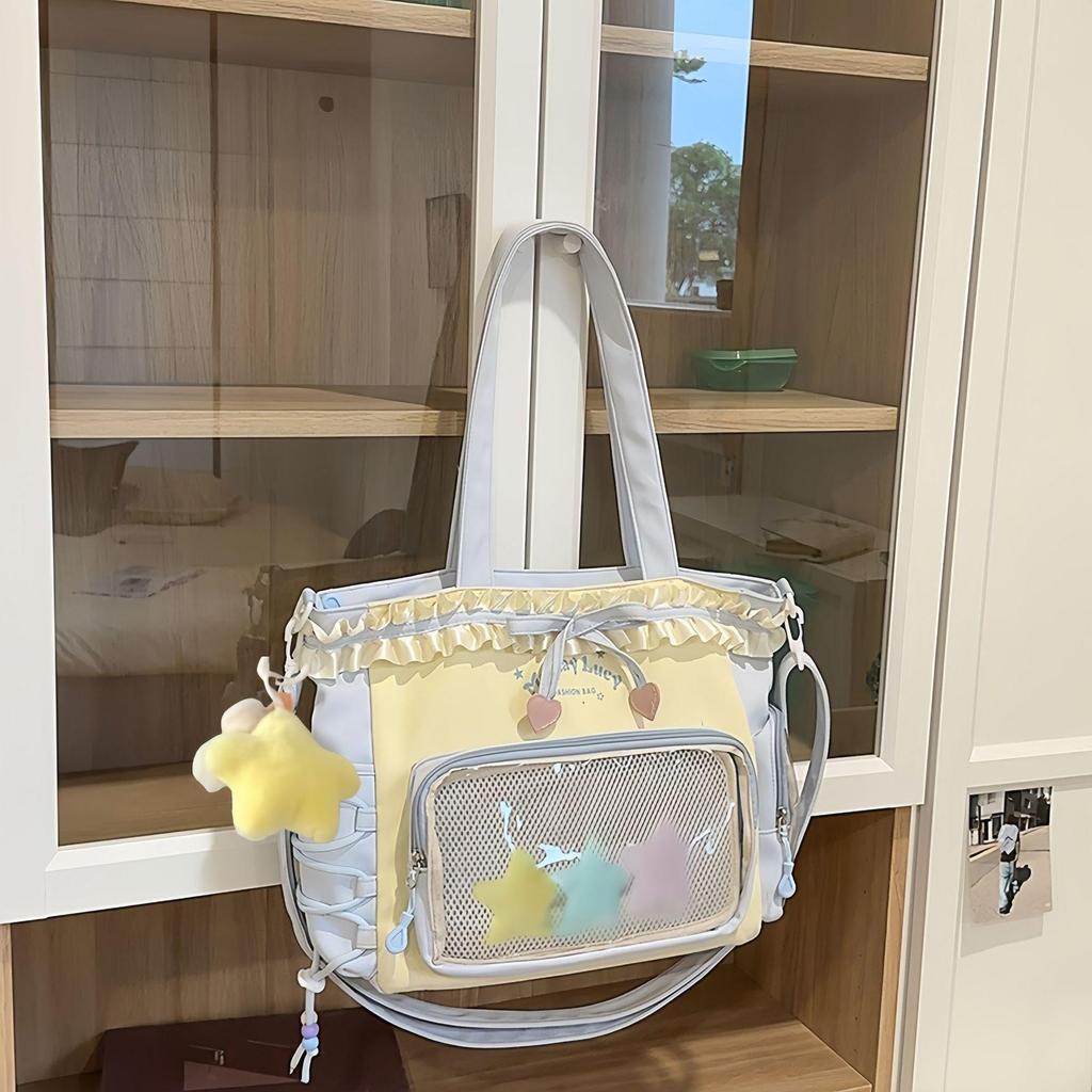 Women's Color Block College-Style Backpack with Ballet Ruffle Lace Design