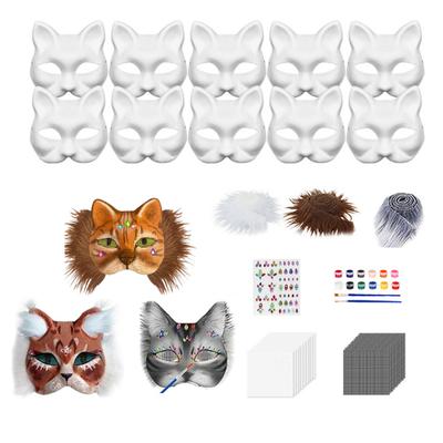 DIY Therian Masken-Set Blank Handbemalt Halbgesichts-Katzen-Fuchs-Maske mit Fell Augennetz und Filzbogen für Halloween Karneval Maskerade Party Cosplay