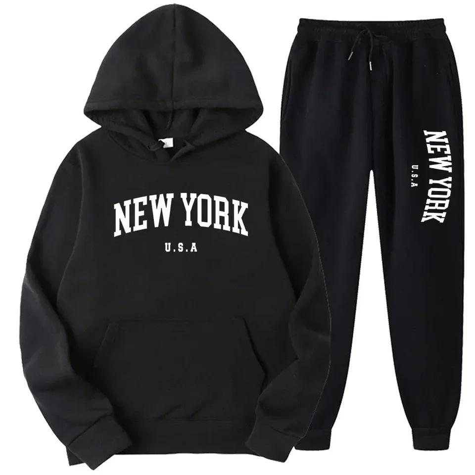 Men's New York Print Casual American Style Autumn Hoodie Set
