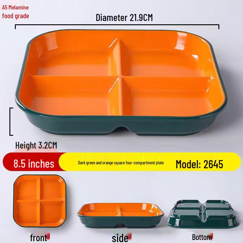 Four-Compartment Melamine Square Plate for Fast Food & Salads.