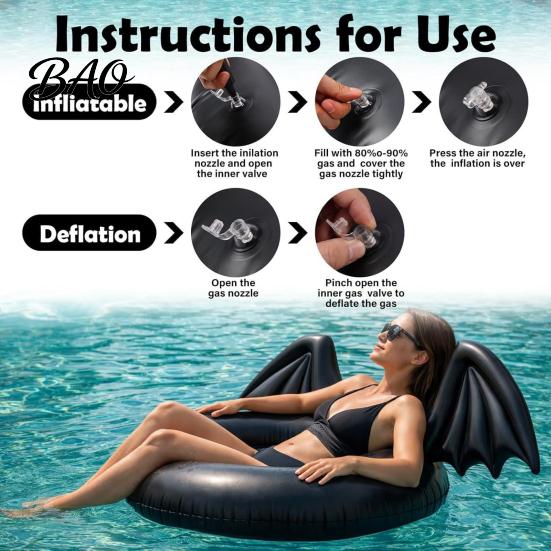 Summer Beach Float Ring Inflatable Pool Float, Creative Bat Wings Decor, Black Thickened PVC Swim for Party Halloween Calm Water Tube