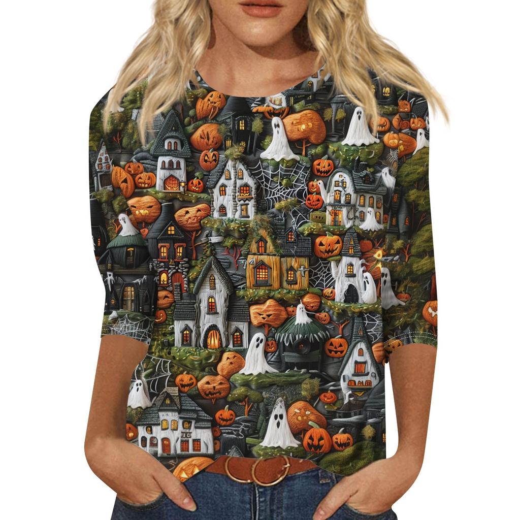 Košile s 3/4 rukávem pro ženy Roztomilá 3D halloweenská trička s potištěným grafickým tričkem Halenky Běžné Velikosti Basic Tops Pulovr