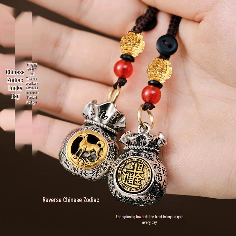 Pandantiv Sac Norocos Rotativ cu Cele Douăsprezece Zodii: Breloc Binecuvântări Aurii