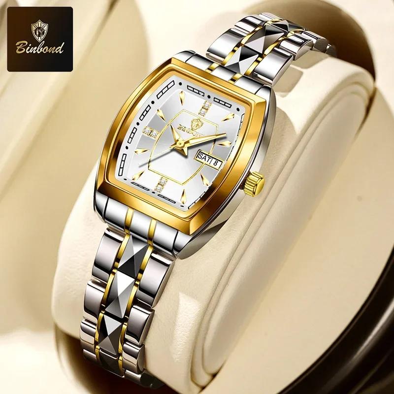 New BINBOND Luxury Quartz Womens Watch Ellipse Diamond Dial Stainless Steel Band Waterproof Luminous Top Brand Women Wristwatch