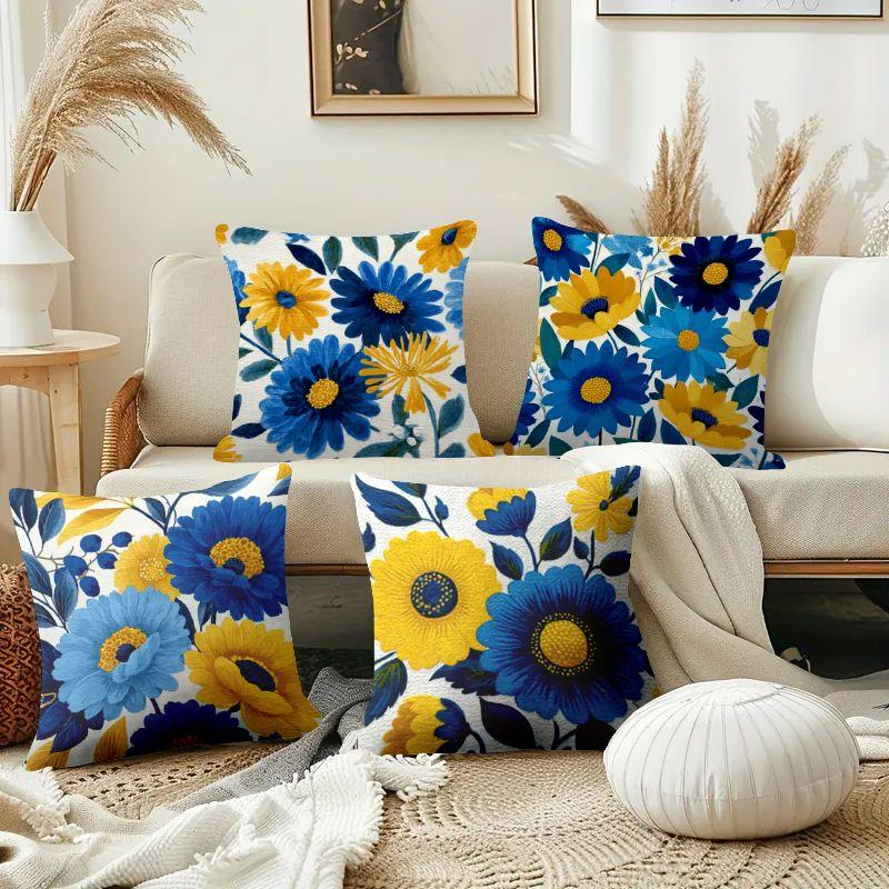 4pcs Set, Blue and Yellow Floral Daisy Print Pillowcases, Fresh Oil Painting Floral Style Home Decor Pillow Covers, Gift for Family, Friends, and Part