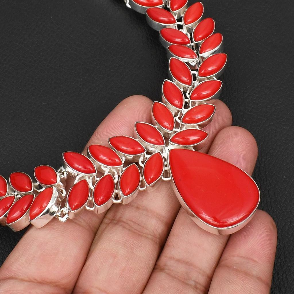 Red Coral Gemstone 925 Sterling Silver Statement Necklace  Handcrafted Marquise Leaf Design Big Necklace for Women Elegant Red Gemstone Jewelry Gift