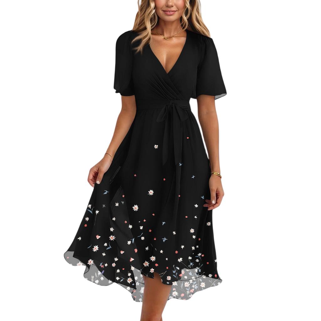 Damenmode Lässig V-Ausschnitt Kurzarm Rüschen Vintage Bedruckte Kleider