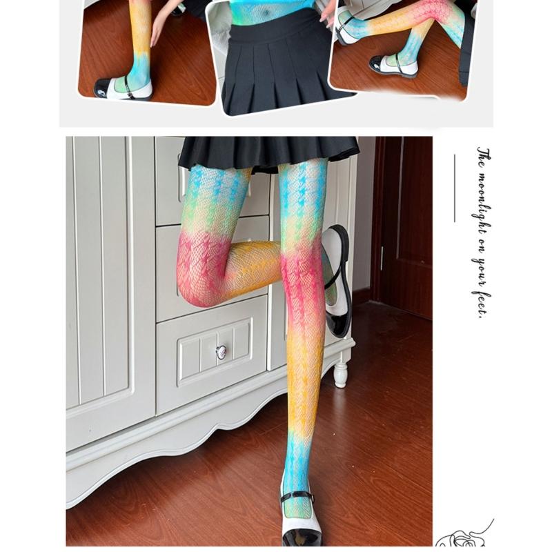Sexy Regenbogen-Farbverlauf Bunt Fischernetz Strumpfhose für Damen Süßigkeiten-Farbe Hohl Spitze Jacquard Strumpfhose JK Strümpfe Leggings