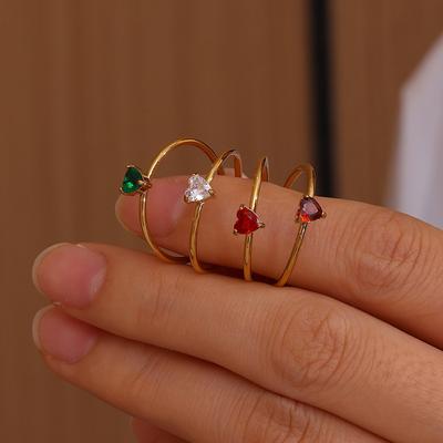Colorful Heart Cubic Zircon Opening Anillos Rings For Women Dainty Stainless Steel Princess Ring Jewelry Wedding Gift Christmas