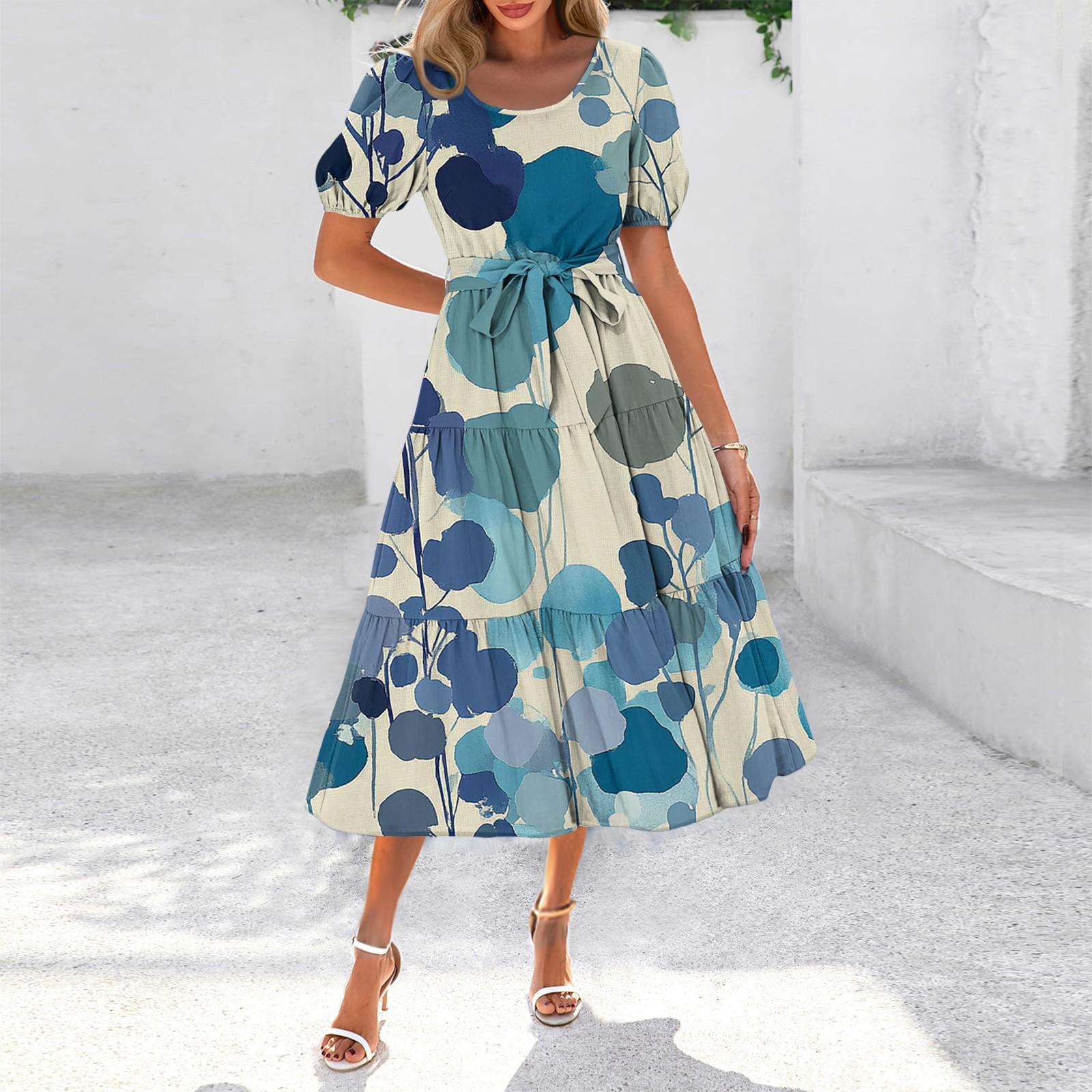 

Женское летнее макси-платье в богемном стиле, свободного кроя, с коротким рукавом, круглым вырезом, поясом и карманами M