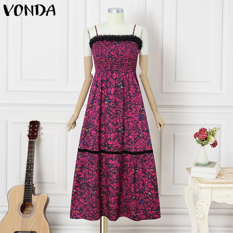 

VONDA Summer Women Strap Sleeveless Printing Party Casual Holiday Long Pleated Dresses L красный