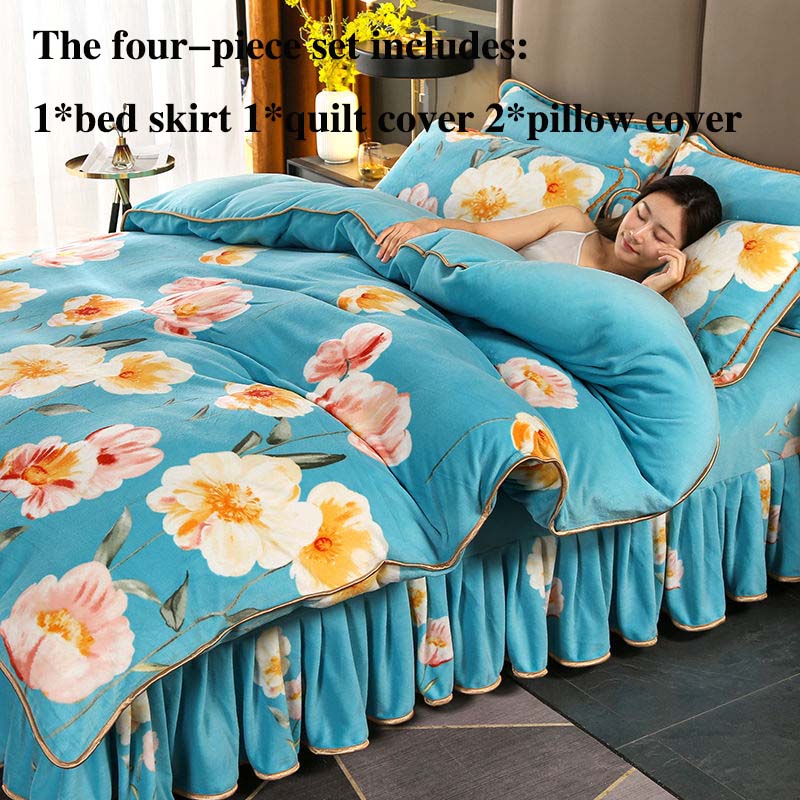 Milk Velvet Four-piece Suit Plus Velvet Thickening Soft Skin-friendly Bedding Double-sided Velvet Bed Skirt Is Resistant To Dirty Winter