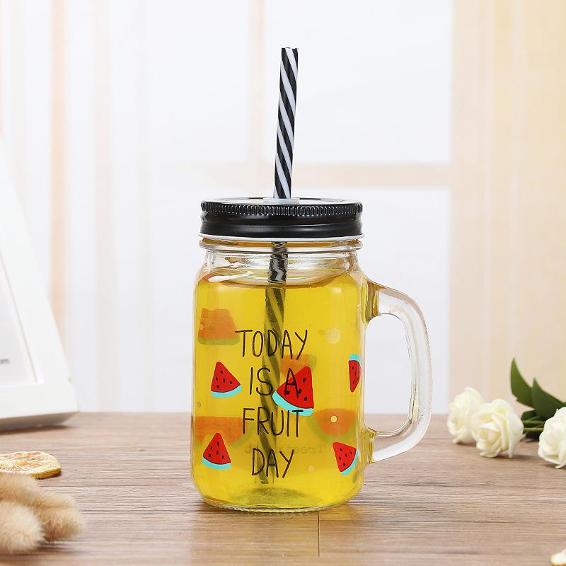 Summer Fruit Creative Mason Jar Cold Drink Glass Cup Juice Beverage Cup with Lid 500ml