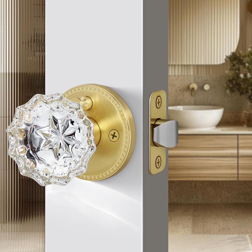 Privacy Crystal Door Knob, Gold Vintage Crystal Door Knob with Privacy Lock, Glass Doorknob Interior for Bathroom, Bedroom, Satin Brass