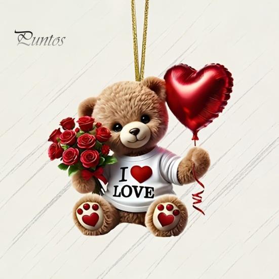 Vielseitiges Innenraum-Deko-Teddybär-Hängeornament, Mit Herzballon, Rote Rosenstrauß-Dekoration, Kleines romantisches Andenken für Auto-Rückspiegel