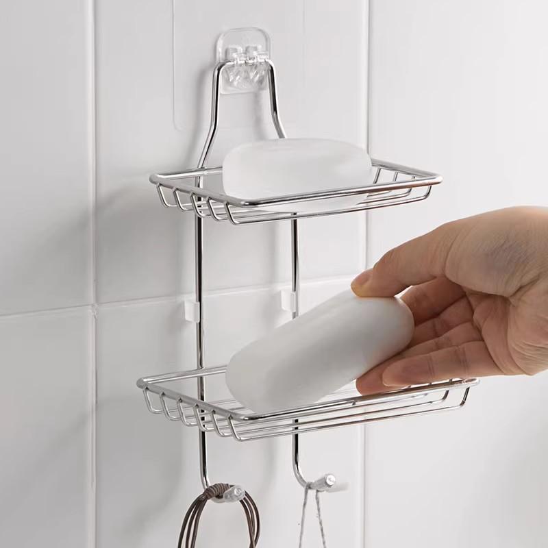 Porte-savon double étage égouttoir en acier inoxydable sans perçage mural porte-savon salle de bain cuisine douche organisateur de rangement