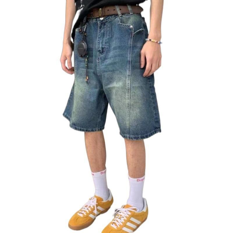 Retro Washed Old Denim Shorts Men's High Street Trendy Brand Design Loose Straight-leg Pants