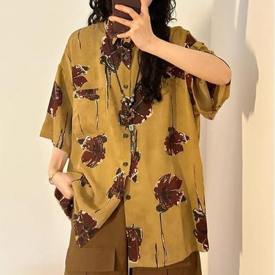 Women's Printed Short Sleeved Shirt Chinese Style Loose Retro Female's Shirts Single Breasted Woman Clothing with Pocket